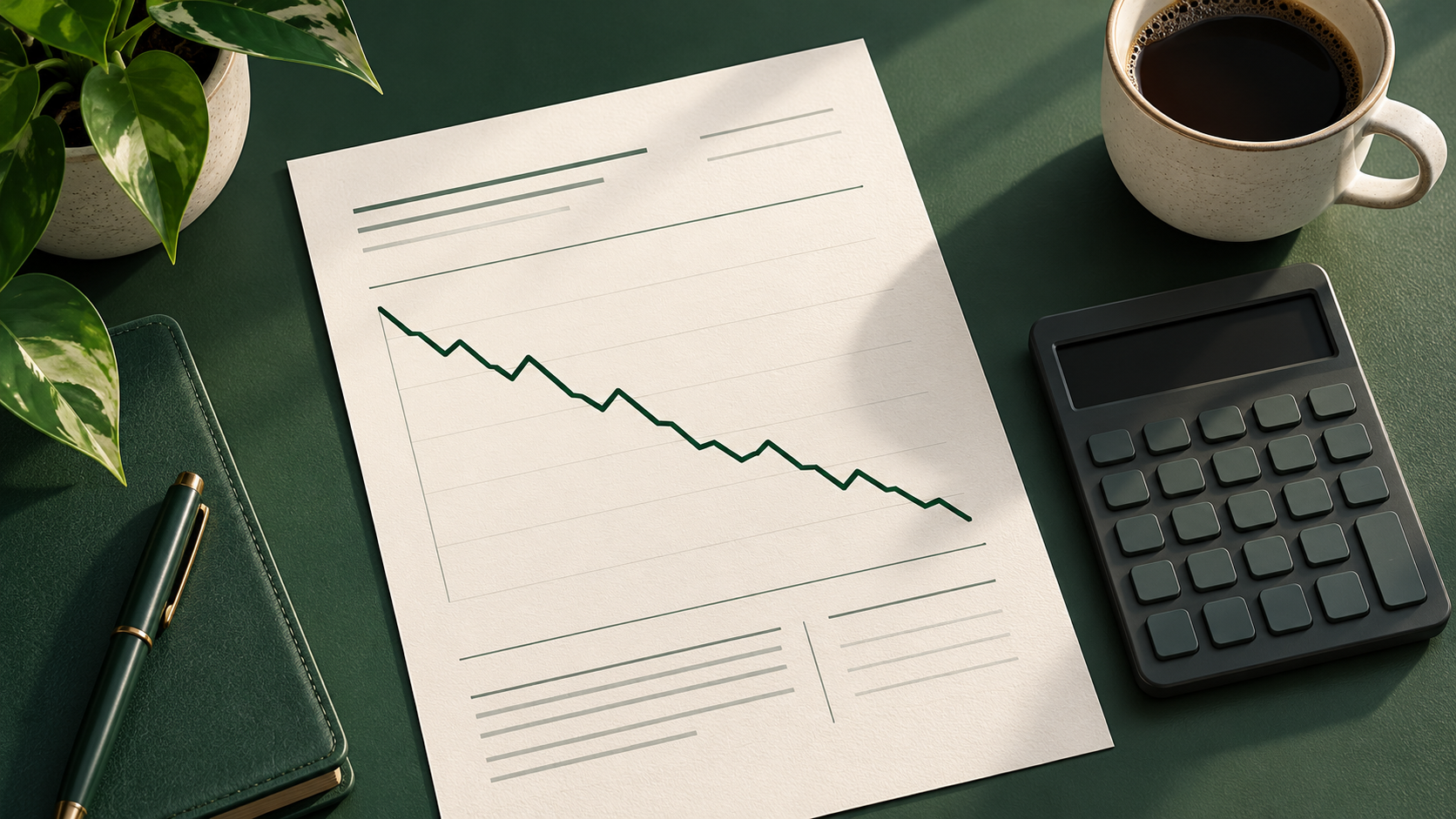 A calm finance desk: a printed report with a downward green cost graph, beside a calculator, a cup of coffee, and a green notebook.